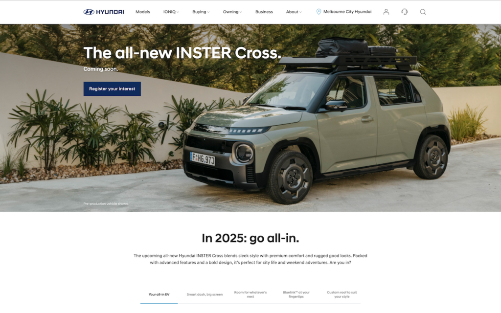 2025 Hyundai Australia Inster Cross webpage.